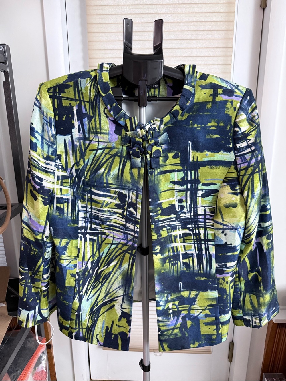 Wearable Art Corporate Chic Lime, Navy and Lavender Abstract Brushstroke Blazer